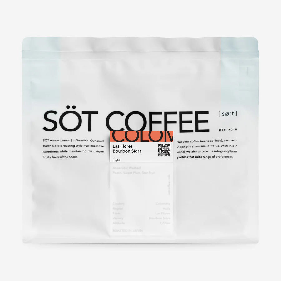 Colombia Las Flores Bourbon Sidra 咖啡豆包裝與咖啡杯擺拍 – SÖT Coffee 精品咖啡推薦